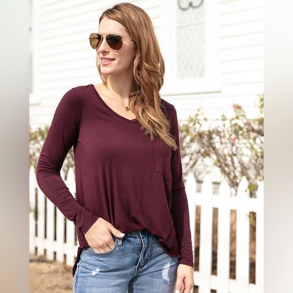 Grace & Lace Wine Long Sleeve Perfect Pocket Tee
